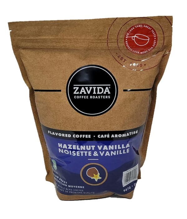 Zavida Hazelnut Vanilla Premium Whole Bean Flavoured / Flavored Coffee, Medium-Dark Roast, RFA 30%, Kosher, Halal, 100% Arabica, 2 Pound Bag