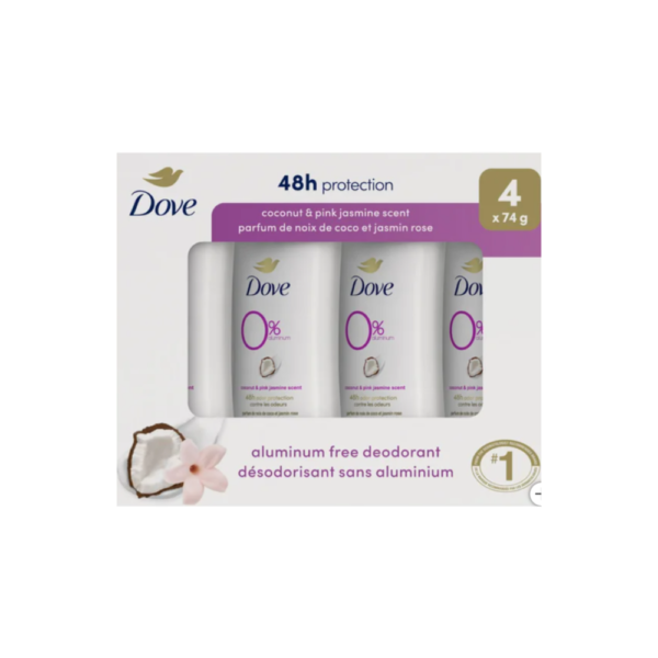 Dove 0% Aluminum Deodorant in Coconut & Pink Jasmine Scent, 4x74g