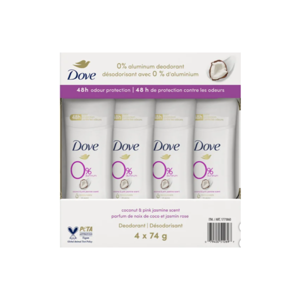 Dove 0% Aluminum Deodorant in Coconut & Pink Jasmine Scent, 4x74g - Image 2
