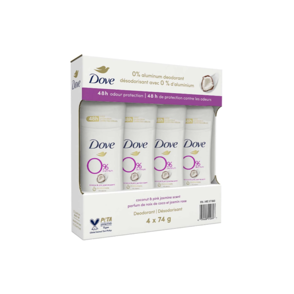 Dove 48-Hour Odor Protection Deodorant with 0% Aluminum, Coconut & Pink Jasmine Fragrance - Pack of 4 x 74g
