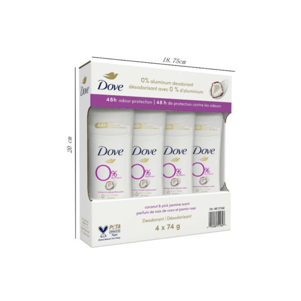 Dove 48-Hour Odor Protection Deodorant with 0% Aluminum, Coconut & Pink Jasmine Fragrance - Pack of 4 x 74g - Image 2