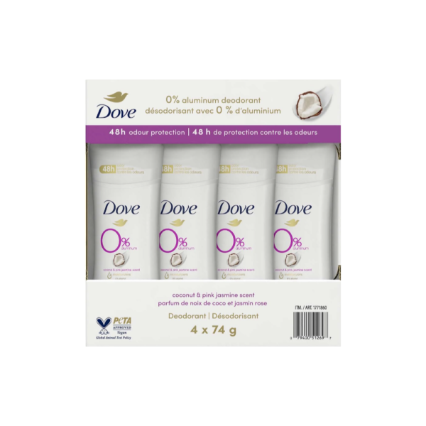Dove 48-Hour Odor Protection Deodorant with 0% Aluminum, Coconut & Pink Jasmine Fragrance - Pack of 4 x 74g - Image 3