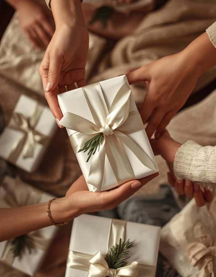 people hands giving gifts white and creamish packing